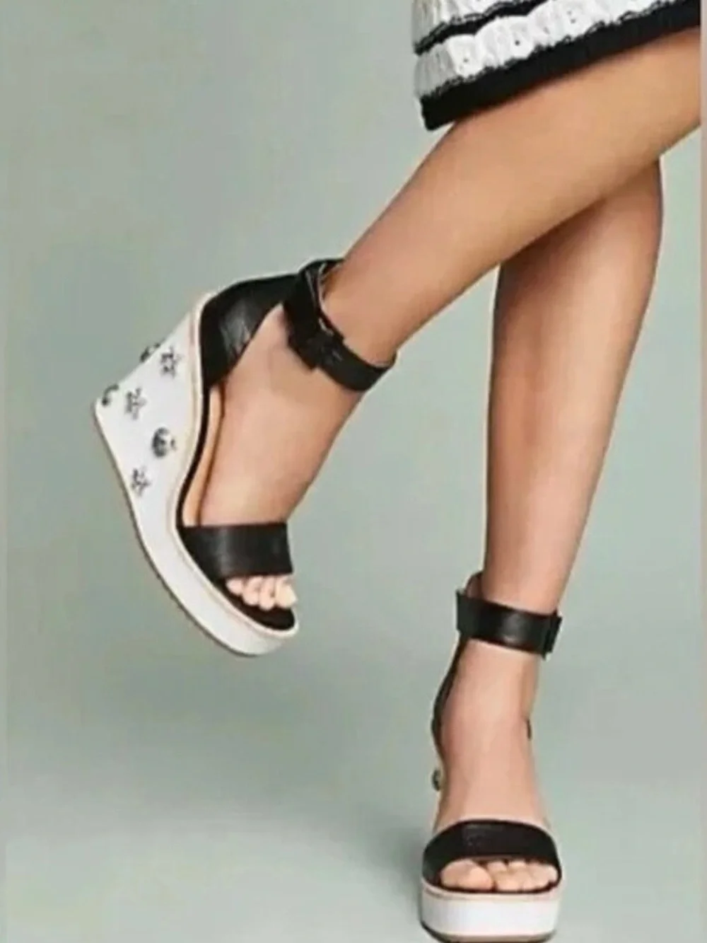 Anthropologie Black and White Star-Embellished Wedge Sandals